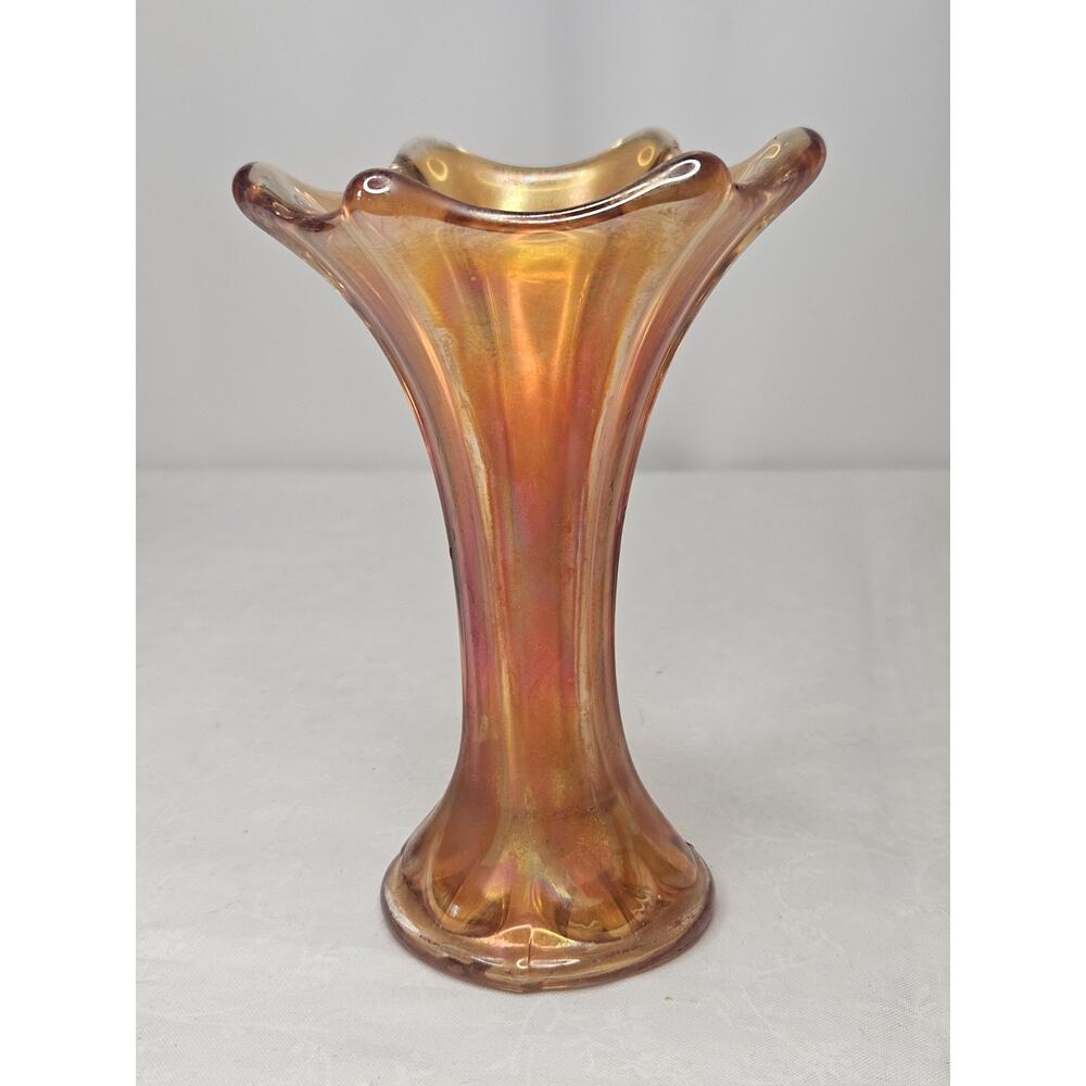 Vintage Amber Imperial Morning Glory Miniature Vase 5" Carnival Glass Orange